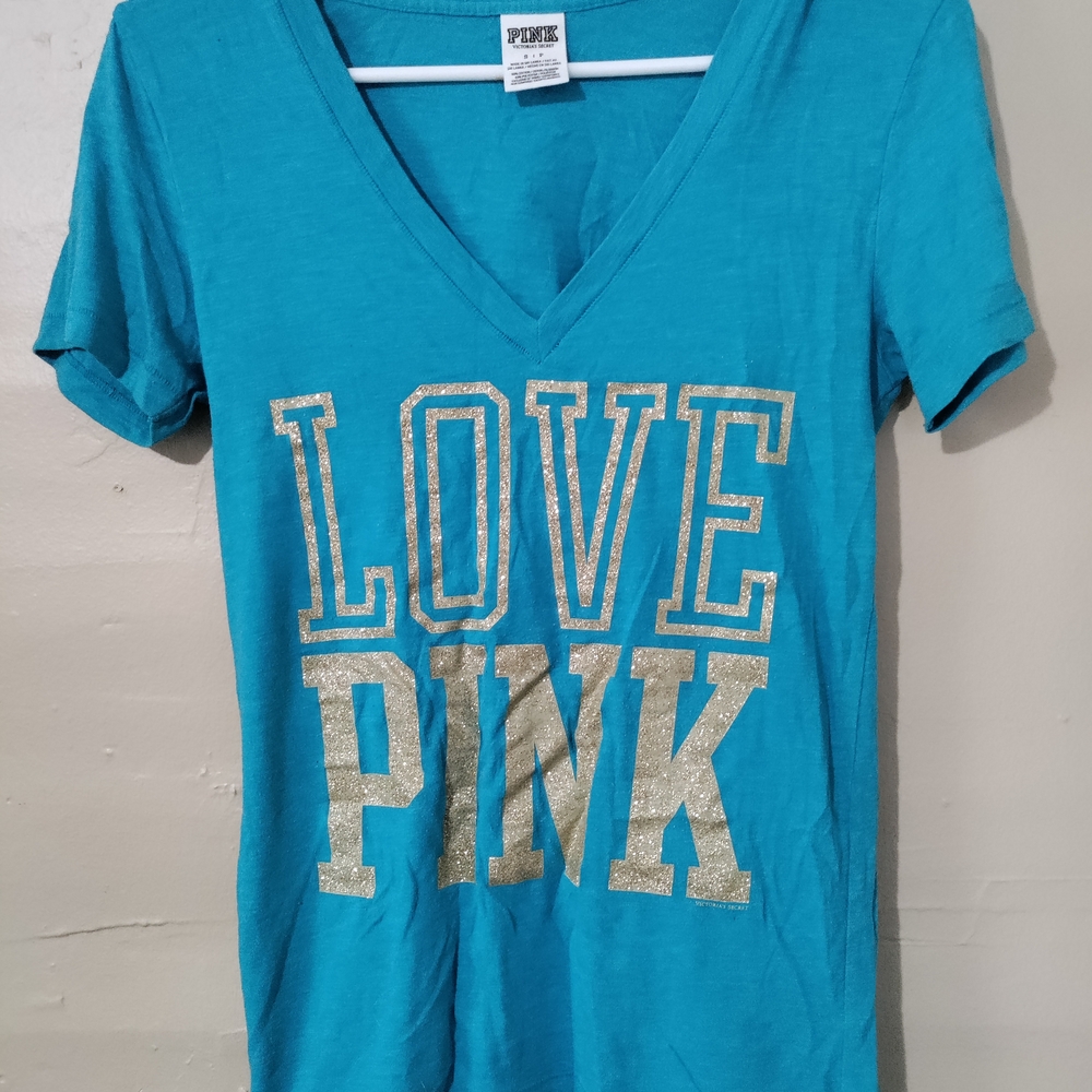 Victoria's Secret PINK Teal T-Shirt with Gold Glitter Letters